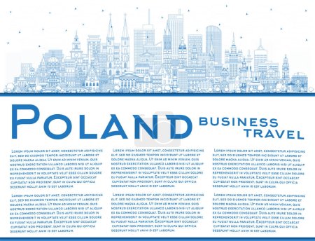 Illustration for Outline Poland City Skyline with Blue Buildings and copy space. Vector Illustration. Concept with Modern Architecture. Poland Cityscape with Landmarks. Warsaw. Krakow. Lodz. Wroclaw. Poznan. - Royalty Free Image