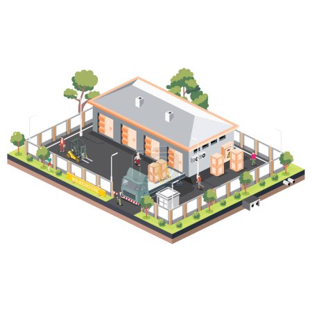 Illustration for Isometric depiction of a Distribution Logistic Center featuring warehouse storage facilities and truck. Vector illustration capturing the loading and discharging terminal. - Royalty Free Image