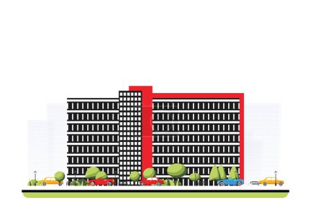 Illustration for Modern building in flat style with trees and cars. Vector illustration. City scene isolated on white background. Urban architecture. Old street european architecture - Royalty Free Image