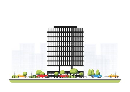 Illustration for City district with tall modern building in flat style with trees and cars. Vector illustration. City scene isolated on white background. Urban architecture. Old street european architecture. - Royalty Free Image