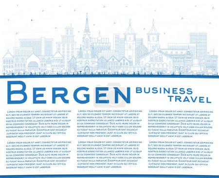 Illustration for Outline Bergen Norway City Skyline with Blue Buildings and copy space. Vector Illustration. Bergen Cityscape with Landmarks. Business Travel and Tourism Concept with Historic Architecture. - Royalty Free Image
