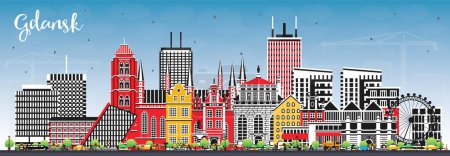 Téléchargez les illustrations : Gdansk Pologne skyline de la ville avec des bâtiments de couleur et le ciel bleu. Illustration vectorielle. Paysage urbain de Gdansk avec des monuments. Concept de voyage d'affaires et de tourisme à l'architecture moderne et historique. - en licence libre de droit