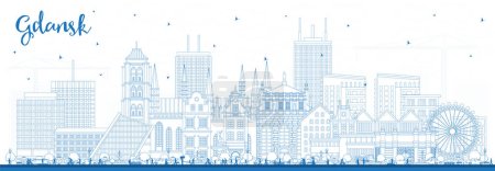 Téléchargez les illustrations : Plan de la ville de Gdansk Pologne avec des bâtiments bleus. Illustration vectorielle. Paysage urbain de Gdansk avec des monuments. Concept de voyage d'affaires et de tourisme à l'architecture moderne et historique. - en licence libre de droit