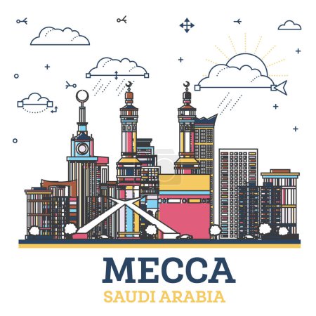 Ilustración de Esquema de la Meca Arabia Saudita horizonte de la ciudad con edificios modernos e históricos de colores aislados en blanco. Ilustración vectorial. Paisaje urbano de La Meca con monumentos. - Imagen libre de derechos