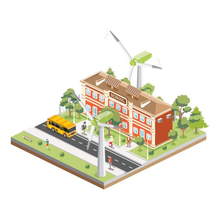 Illustration for Isometric School Building with Solar Panels and Wind Turbine Isolated on White Background. Vector Illustration. Trees and Road. Man Goes to the School. Ecology Concept. Yellow bus. - Royalty Free Image