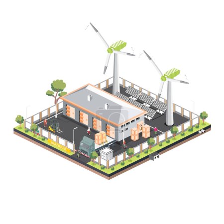 Illustration for Isometric distribution logistic center with solar panels and wind turbines. Warehouse storage facilities with trucks isolated on white background. Vector illustration. Loading discharging terminal. - Royalty Free Image