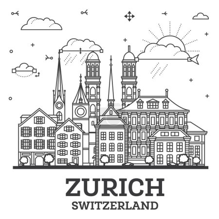 Illustration for Outline Zurich Switzerland City Skyline with Modern and Historic Buildings Isolated on White. Vector Illustration. Zurich Cityscape with Landmarks. - Royalty Free Image