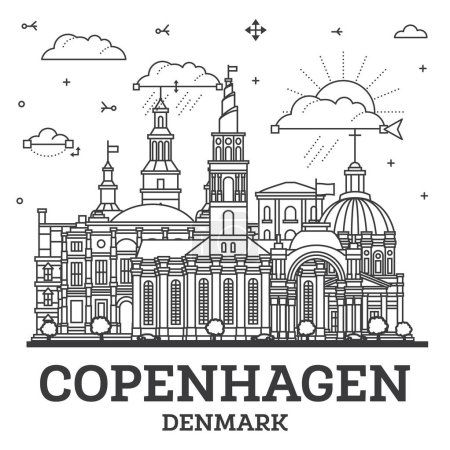 Illustration for Outline Copenhagen Denmark City Skyline with Modern and Historic Buildings Isolated on White. Vector Illustration. Copenhagen Cityscape with Landmarks. - Royalty Free Image