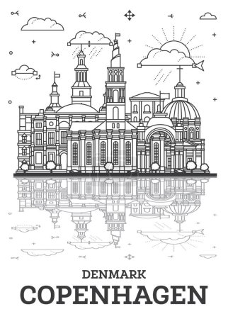 Illustration for Outline Copenhagen Denmark City Skyline with Historic Buildings and reflections Isolated on White. Vector Illustration. Copenhagen Cityscape with Landmarks. - Royalty Free Image