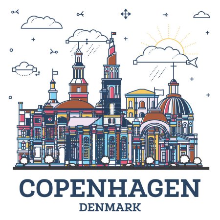 Illustration for Outline Copenhagen Denmark City Skyline with colored Modern and Historic Buildings Isolated on White. Vector Illustration. Copenhagen Cityscape with Landmarks. - Royalty Free Image