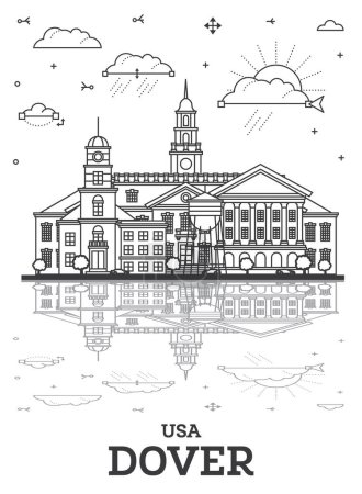 Illustration for Outline Dover Delaware City Skyline with Historic Buildings and reflections Isolated on White. Vector Illustration. Dover USA Cityscape with Landmarks. - Royalty Free Image
