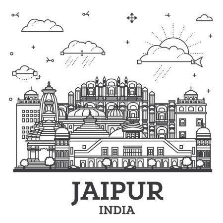 Illustration for Outline Jaipur India City Skyline with Historic Buildings Isolated on White. Vector Illustration. Jaipur Cityscape with Landmarks. - Royalty Free Image