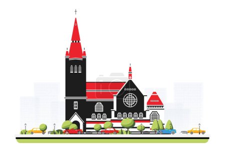 Illustration for Old cathedral building in flat style with trees and cars. Vector illustration. City scene isolated on white background. Urban architecture. Medieval church. - Royalty Free Image