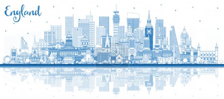 Illustration for Outline England city skyline with blue buildings and reflections. Vector illustration. Concept with historic architecture. England cityscape with landmarks. Bristol. Leeds. Sheffield. London. - Royalty Free Image