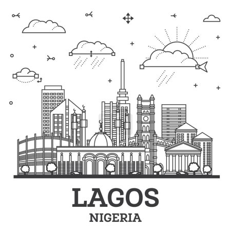 Téléchargez les illustrations : Plan Lagos Nigeria City Skyline avec des bâtiments modernes isolés sur blanc. Illustration vectorielle. Paysage urbain de Lagos avec des monuments. - en licence libre de droit