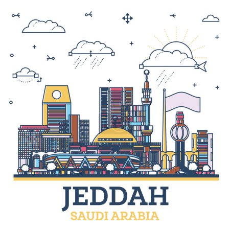 Téléchargez les illustrations : Décrivez Jeddah Saudi Arabia City Skyline avec des bâtiments modernes et historiques colorés isolés sur blanc. Illustration vectorielle. Paysage urbain de Jeddah avec des monuments. - en licence libre de droit