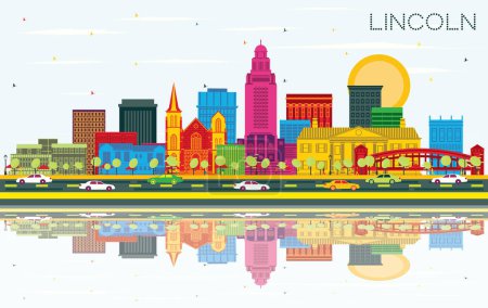 Illustration for Lincoln Nebraska City Skyline with Color Buildings, Blue Sky and Reflections. Vector Illustration. Business Travel and Tourism Concept with Historic Architecture. Lincoln USA Cityscape with Landmarks. - Royalty Free Image