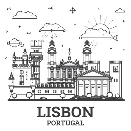 Téléchargez les illustrations : Décrivez Lisbonne Portugal ville skyline avec des bâtiments modernes et historiques isolés sur blanc. Illustration vectorielle. Paysage urbain de Lisbonne avec des monuments. - en licence libre de droit