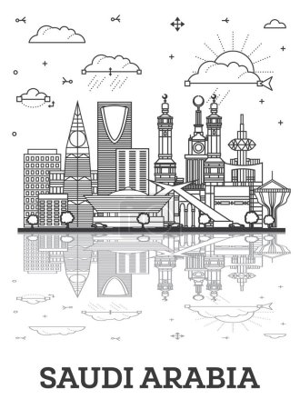 Ilustración de Esquema del horizonte de la ciudad de Arabia Saudita con edificios modernos y reflexiones aisladas en blanco. Ilustración vectorial. Paisaje urbano de Arabia Saudita con monumentos. - Imagen libre de derechos