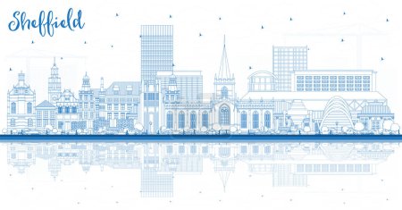 Illustration for Outline Sheffield UK City Skyline with Blue Buildings and reflections. Vector Illustration. Sheffield South Yorkshire Cityscape with Landmarks. Travel and Tourism Concept with Historic Architecture. - Royalty Free Image