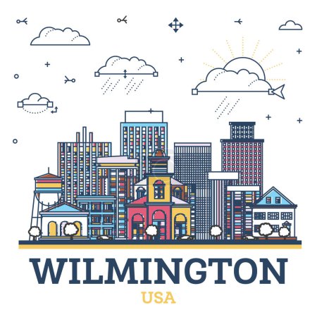 Illustration for Outline Wilmington Delaware USA City Skyline with colored Historic Buildings Isolated on White. Vector Illustration. Wilmington Cityscape with Landmarks. - Royalty Free Image