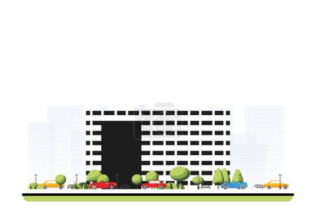 Illustration for City district with modern building in flat style with trees and cars. Vector illustration. City scene isolated on white background. Urban architecture. - Royalty Free Image