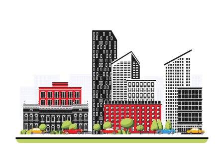 Illustration for Business city district with skyscraper in flat style with trees. Vector illustration. City scene isolated on white background. Urban architecture. Modern european architecture. Downtown street - Royalty Free Image