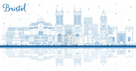 Illustration for Outline Bristol UK City Skyline with Blue Buildings and reflections. Vector Illustration. Bristol England Cityscape with Landmarks. Travel and Tourism Concept with Historic Architecture. - Royalty Free Image