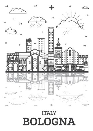 Téléchargez les illustrations : Plan de la ville de Bologne Italie Skyline avec des bâtiments historiques et des reflets isolés sur blanc. Illustration vectorielle. Paysage urbain de Bologne avec des monuments. - en licence libre de droit