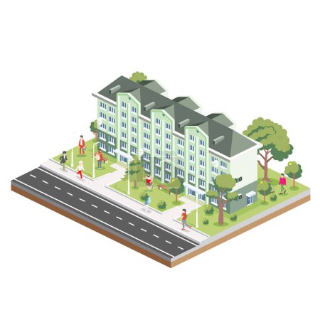 Photo for Isometric residential six storey building with people, road and trees. Icon or infographic element. Vector illustration. City home. Architectural symbol isolated on white background. 3D object. - Royalty Free Image