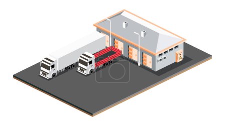 Photo for Isometric small warehouse. Warehouse storage facilities with trucks isolated on white background. Vector illustration. Loading discharging terminal. - Royalty Free Image