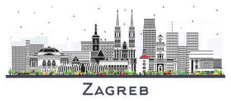 Zagreb Croatia City Skyline avec bâtiments de couleur isolés sur blanc. Illustration vectorielle. Paysage urbain de Zagreb avec des monuments. Voyages d'affaires et tourisme Concept avec architecture historique.