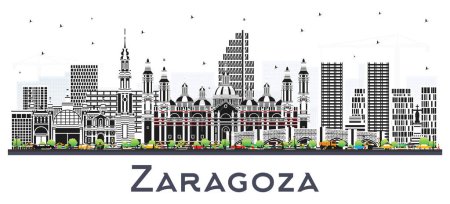 Illustration for Zaragoza Spain City Skyline with Color Buildings isolated on white. Vector Illustration. Zaragoza Cityscape with Landmarks. Business Travel and Tourism Concept with Historic Architecture. - Royalty Free Image