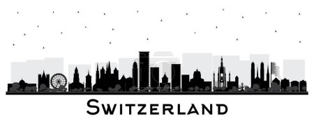 Illustration for Switzerland City Skyline silhouette with black buildings isolated on white. Vector Illustration. Modern and Historic Architecture. Switzerland Cityscape with Landmarks. Bern. Basel. Lugano. Zurich. - Royalty Free Image