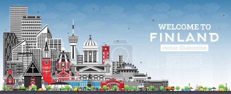 Finland city skyline with gray buildings and blue sky. Vector illustration. Concept with historic and modern architecture. Finland  cityscape with landmarks. Helsinki. Espoo. Vantaa. Oulu. Turku.