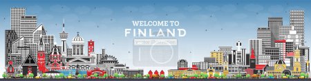 Illustration for Finland city skyline with gray buildings and blue sky. Vector illustration. Concept with historic and modern architecture. Finland  cityscape with landmarks. Helsinki. Espoo. Vantaa. Oulu. Turku. - Royalty Free Image