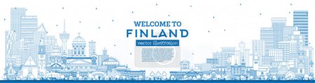 Illustration for Outline Finland city skyline with blue buildings. Vector illustration. Concept with historic and modern architecture. Finland  cityscape with landmarks. Helsinki. Espoo. Vantaa. Oulu. Turku. - Royalty Free Image
