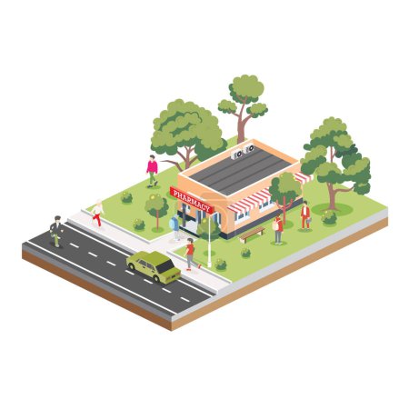 Illustration for Isometric pharmacy store building. Vector illustration. Green trees. Human characters on city street. Exterior of pharmacy drugstore. - Royalty Free Image