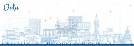 Téléchargez les illustrations : Décrivez la ville d'Oulu Finlande avec des bâtiments bleus. Illustration vectorielle. Paysage urbain d'Oulu avec des monuments. Concept de voyage d'affaires et de tourisme à l'architecture moderne et historique. - en licence libre de droit