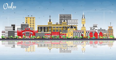 Illustration for Oulu Finland city skyline with color buildings, blue sky and reflections. Vector illustration. Oulu cityscape with landmarks. Business travel and tourism concept with modern and historic architecture. - Royalty Free Image
