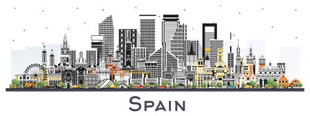 Photo for Spain city skyline with color buildings isolated on white. Vector Illustration. Modern and Historic Architecture. Spain Cityscape with Landmarks. Madrid. Barcelona. Valencia. Seville. Zaragoza. - Royalty Free Image