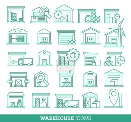 Photo for Icons with warehouse buildings. Linear icons. Vector illustrations. Simple icons isolated on white background. - Royalty Free Image