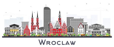 Téléchargez les illustrations : Wroclaw Poland City Skyline avec bâtiments de couleur isolés sur blanc. Illustration vectorielle. Paysage urbain de Wroclaw avec des monuments. Voyages d'affaires et tourisme Concept avec architecture historique. - en licence libre de droit