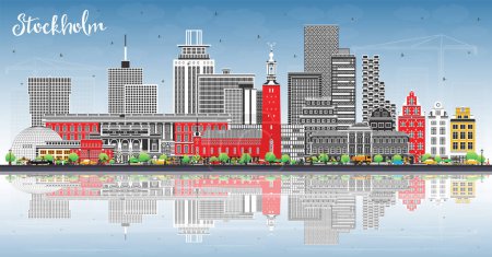 Illustration for Stockholm Sweden city skyline with color buildings, blue sky and reflections. Vector illustration. Stockholm cityscape with landmarks. Tourism concept with modern and historic architecture. - Royalty Free Image
