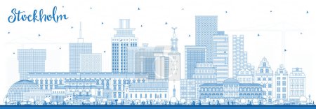 Téléchargez les illustrations : Décrivez Stockholm Suède ville skyline avec des bâtiments bleus. Illustration vectorielle. Stockholm paysage urbain avec des points de repère. Concept de voyage d'affaires et de tourisme à l'architecture moderne et historique. - en licence libre de droit
