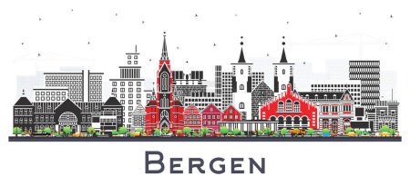 Illustration for Bergen Norway City Skyline with Color Buildings isolated on white. Vector Illustration. Bergen Cityscape with Landmarks. Business Travel and Tourism Concept with Historic Architecture. - Royalty Free Image
