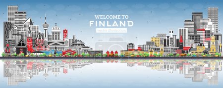 Illustration for Finland city skyline with gray buildings, blue sky and reflections. Vector illustration. Concept with historic and modern architecture. Finland  cityscape with landmarks. Helsinki. Espoo. Vantaa. - Royalty Free Image