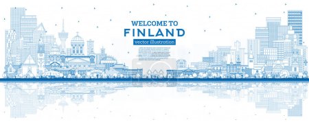 Illustration for Outline Finland city skyline with blue buildings and reflections. Vector illustration. Concept with historic and modern architecture. Finland  cityscape with landmarks. Helsinki. Espoo. Vantaa. Oulu. - Royalty Free Image