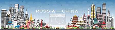 Illustration for Russia and China skyline with gray buildings and blue sky. Famous landmarks. Vector illustration. China and Russia concept. Diplomatic relations between countries. - Royalty Free Image