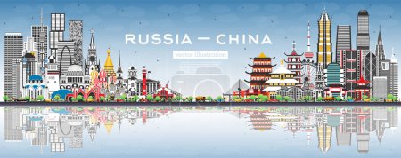 Photo for Russia and China skyline with gray buildings, blue sky and reflections. Famous landmarks. Vector illustration. China and Russia concept. Diplomatic relations between countries. - Royalty Free Image